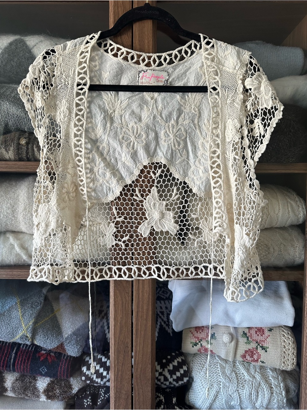 Free People Cream Crochet Lace Open-Front Bolero
